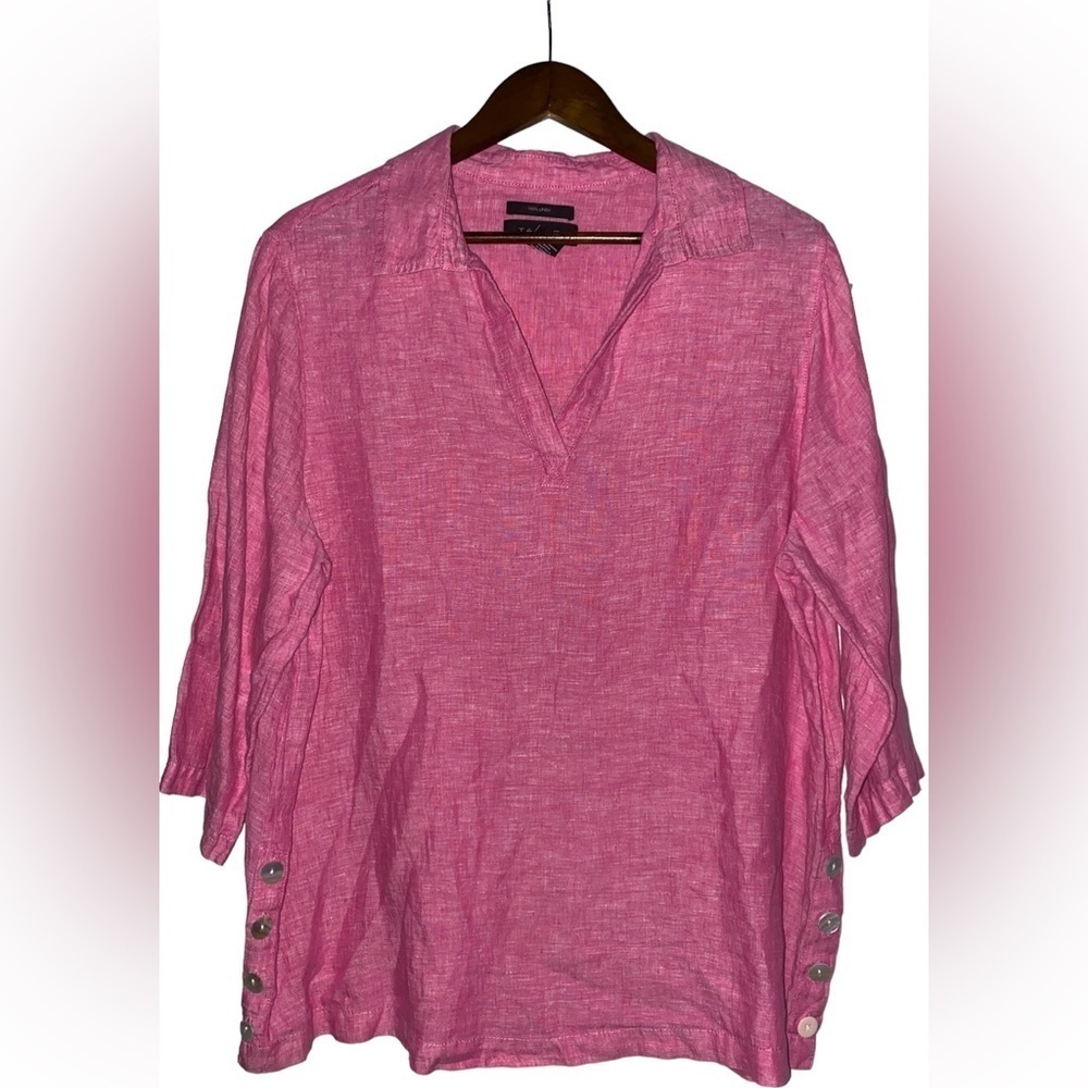 Tahari‎ Linen Popover Blouse Women 1X Pink Tunic Decorative Pearlized Buttons